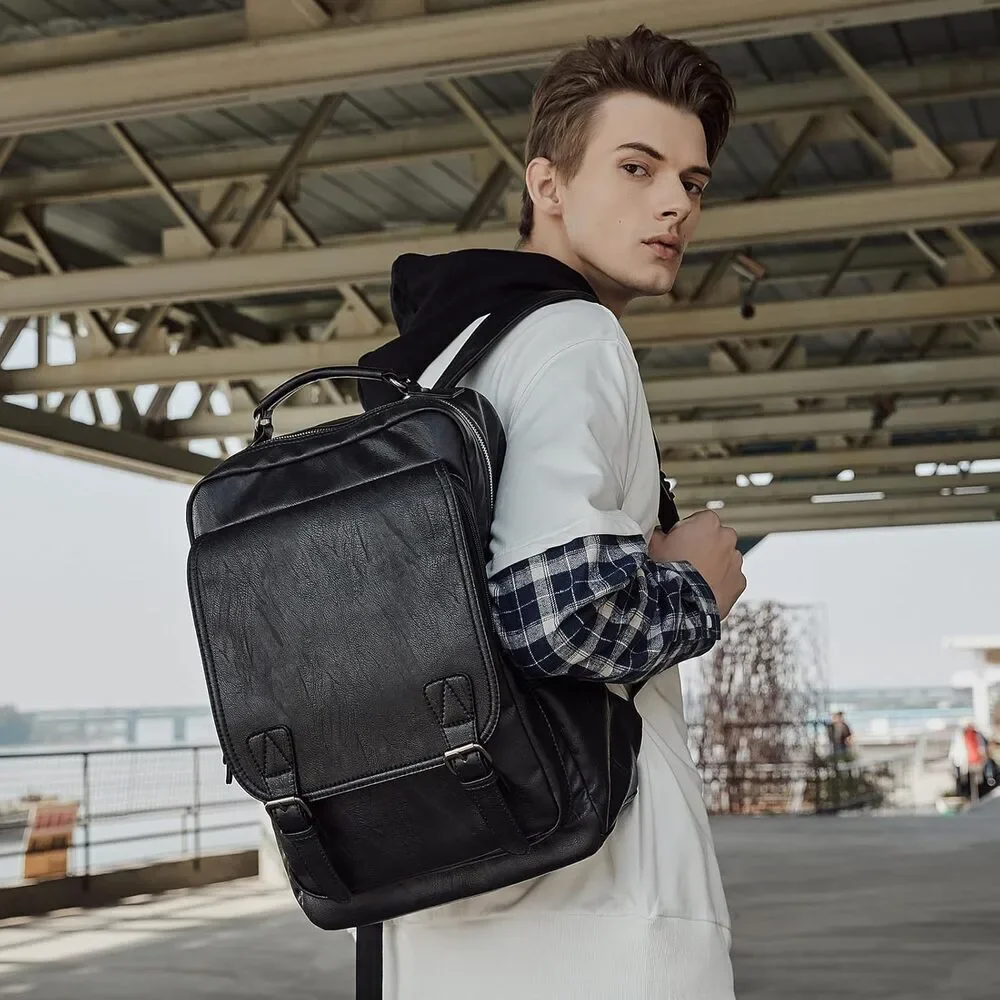 Leather Travel Laptop Backpack For Men Fit 15.6